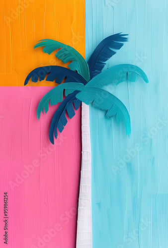 Stylized pop art palm tree with teal and blue leaves against a vibrant pink, orange, and teal background. photo