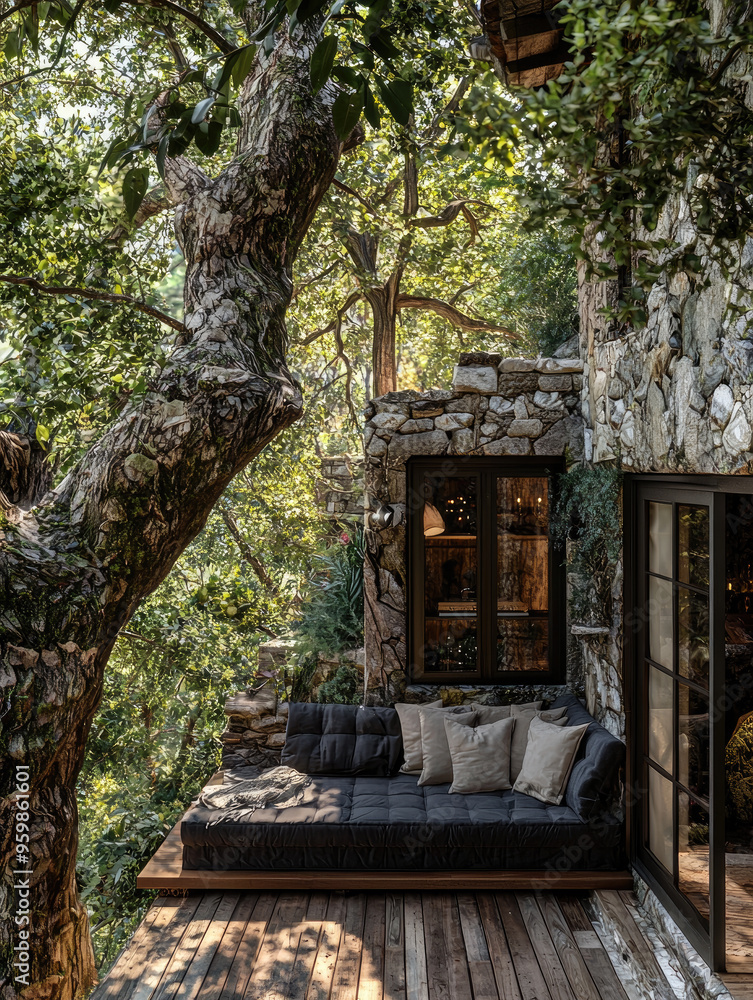 Couch on top of a wooden floor next to a tree, cozy and peaceful atmosphere, built into trees and stone, soothing and cozy landscape