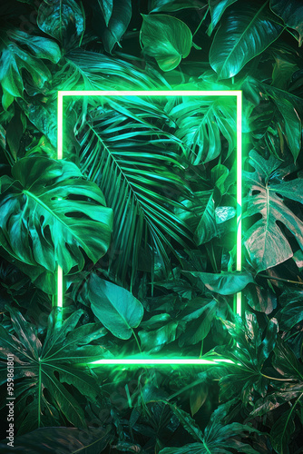 green neon frame surrounded by tropical leaves photo