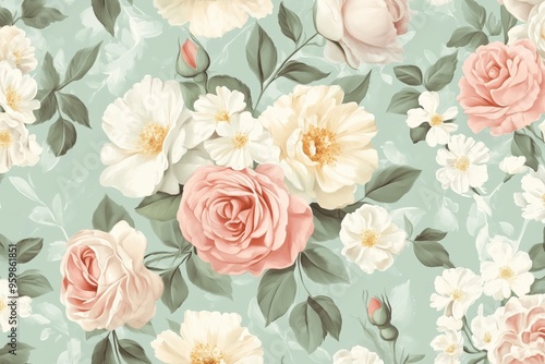 Vintage floral pattern with delicate roses and peonies on a pastel background for textile and design.