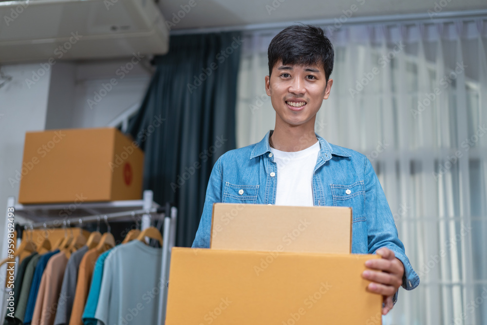 Young Asian man, distributor, online shop owner, small business owner, standing in warehouse and preparing to ship goods, with parcel boxes. Young Asian man, distributor, online shop owner, small business owner, standing in warehouse and preparing to ship goods, with parcel boxes.
