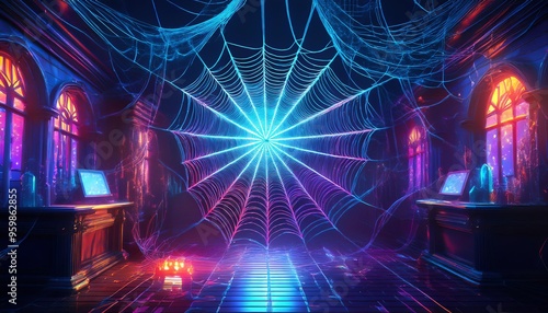 A mystical room filled with colorful spider webs and glowing elements, creating a surreal, digital atmosphere.