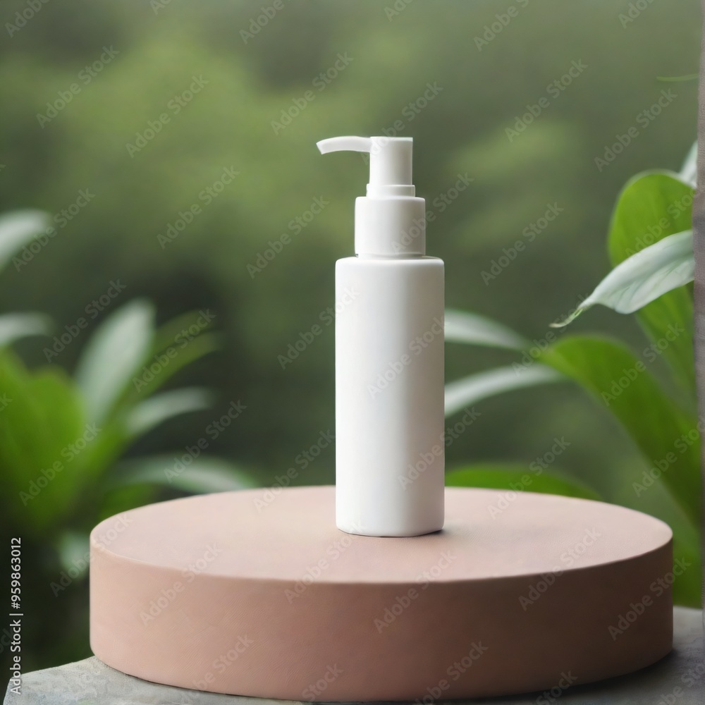 Minimalist White Cosmetic Bottle on Nature Background mockup Minimalist White Cosmetic Bottle on Nature Background mockup