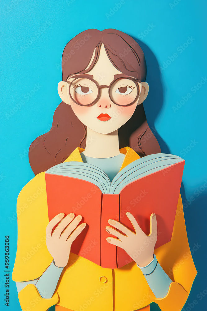 Paper cut of a woman holding a book flat illustration Paper cut of a woman holding a book flat illustration