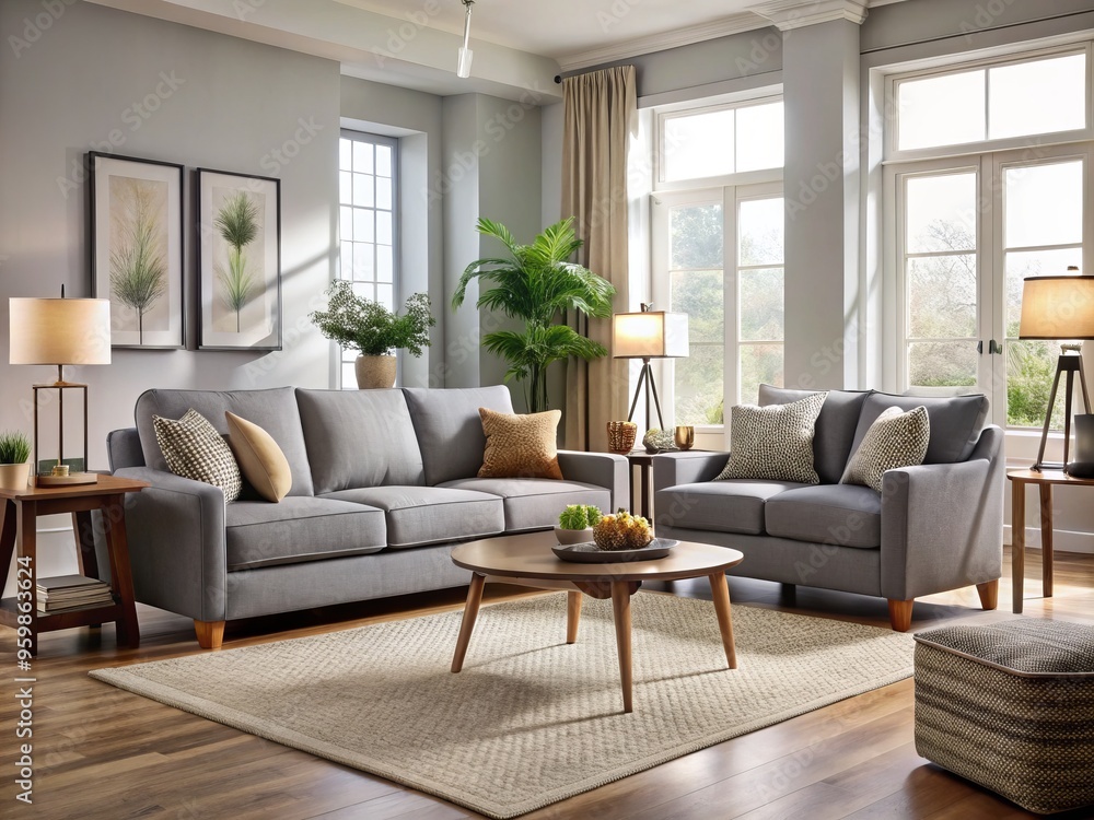 Against a backdrop of calm neutral tones, the plush gray couch and matching armchair create a inviting oasis Against a backdrop of calm neutral tones, the plush gray couch and matching armchair create a inviting oasis