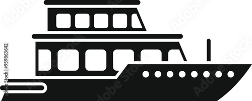 Simple black and white vector of a large, double decker ferry boat, sailing on the water