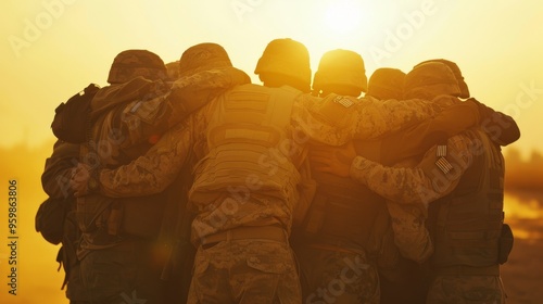 Soldiers in full gear embrace each other during a sunset, symbolizing camaraderie, unity, and resilience amidst a dusky, intense backdrop.