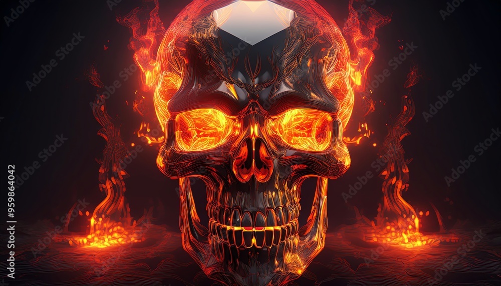 Cyber horror skull with digital flames Cyber horror skull with digital flames