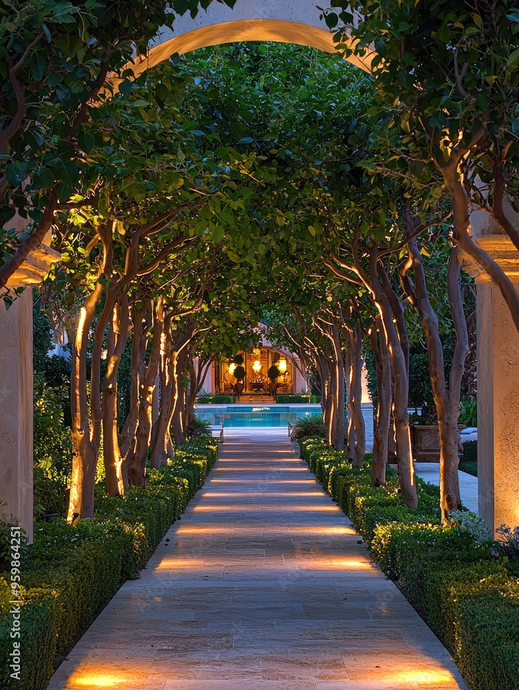 walkway lined with trees next to a pool outdoor walkway lined with trees next to a pool outdoor