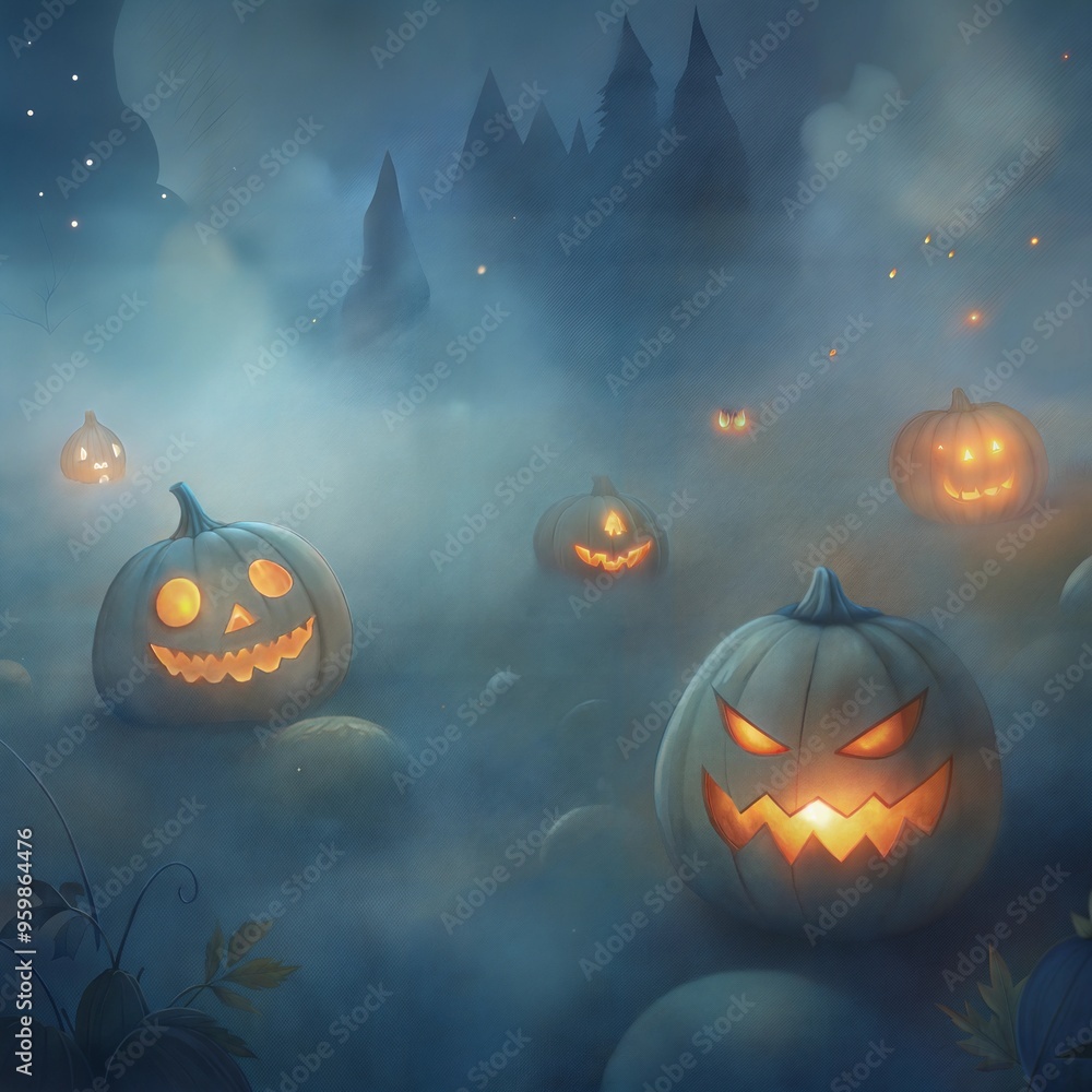 Fototapeta premium Spooky Halloween scene with illuminated carved pumpkins in eerie misty atmosphere