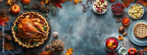 horizontal image, top view of a classic thanksgiving dinner on a blue isolated background with copy space for text. For banner, design, cover, etsy, shop, thumbnail, blog, social media, linkedin