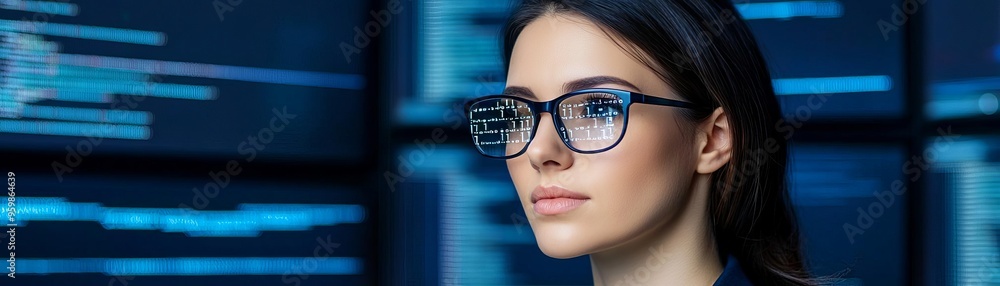 Woman coding on multiple screens with digital code reflections on her glasses, code analysis, cyber vigilance, cool color palette Woman coding on multiple screens with digital code reflections on her glasses, code analysis, cyber vigilance, cool color palette