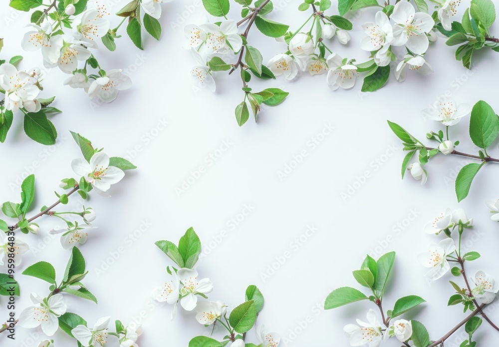 Obraz premium Delicate white flowers and green leaves arranged in a circular pattern on a soft white background