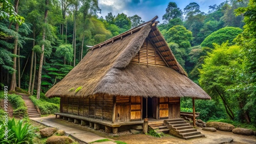 In harmony with nature, a wooden dwelling blends seamlessly into the forest, its thatched roof reaching for the