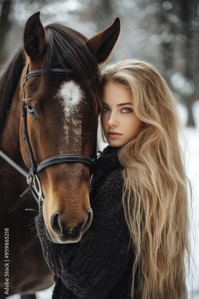 Fototapeta premium woman is standing next to a horse in the snow