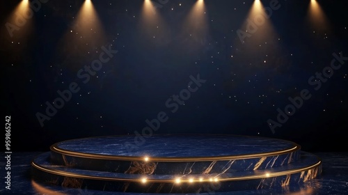 Dark blue stage with golden spotlight lines and glitter texture for award ceremony design. Realistic 3d abstract premium elegant glamour background template for anniversary or winner rewarding