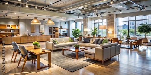 Interior of a contemporary furniture store showcasing stylish home and office furniture items in a well-lit space