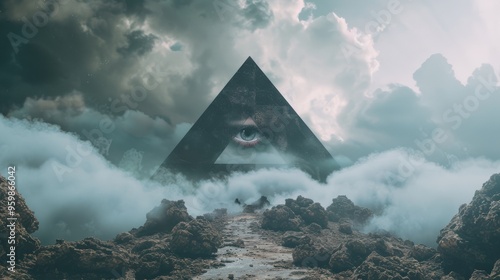 A mystical landscape with a large, all-seeing eye within a triangular pyramid, surrounded by dramatic clouds, that evokes themes of mystery and higher consciousness. photo