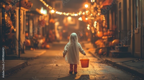 Fototapeta Naklejka Na Ścianę i Meble -  Halloween night adventure: small child trick-or-treating on a festive street.