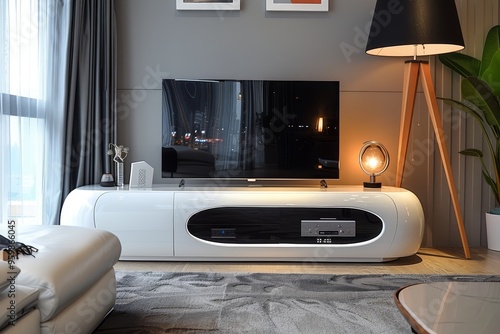 Modern white high gloss sideboard with two doors and one drawer, featuring black lamp in the background, perfect for TV placement. photo