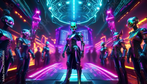 A futuristic scene featuring robotic figures with skeleton designs, illuminated by vibrant neon lights in a sci-fi setting.