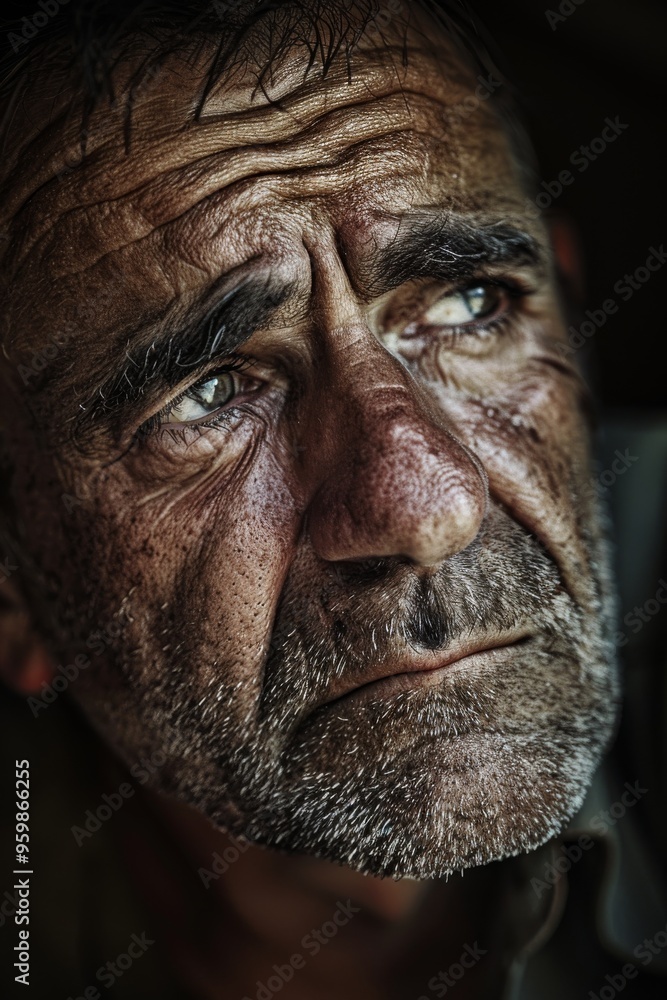 Close-Up Teary-Eyed Mature Man Expressing Deep Emotions Close-Up Teary-Eyed Mature Man Expressing Deep Emotions