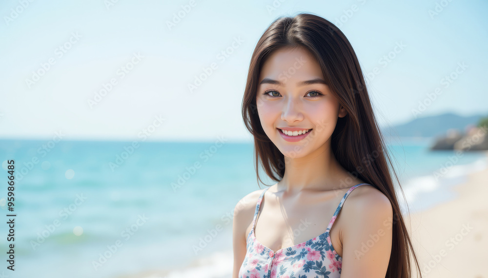 A cheerful young woman with long hair smiles at the beach, radiating happiness under the sunny sky by the clear blue ocean. A cheerful young woman with long hair smiles at the beach, radiating happiness under the sunny sky by the clear blue ocean.