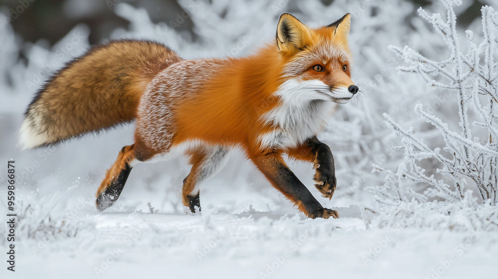 A vibrant red fox with a bushy tail, running through a snowy winter landscape with frosted trees A vibrant red fox with a bushy tail, running through a snowy winter landscape with frosted trees