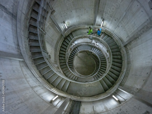 View of spiral staircase in concrete structure for fish way at Shiromaru Dam, Okutama Town, Tokyo Prefecture, Japan.