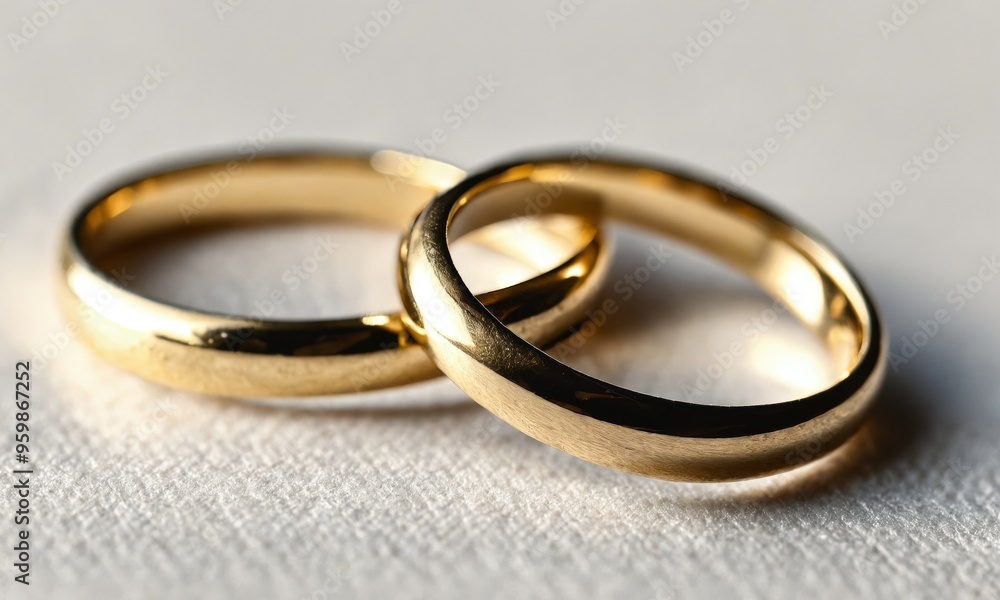 Two gold wedding bands on a white surface Two gold wedding bands on a white surface