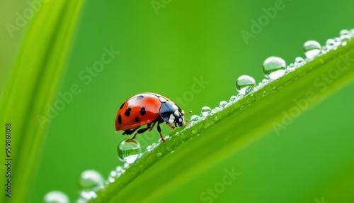 A ladybug walks along a blade of grass, with dew drops glistening on the grass.