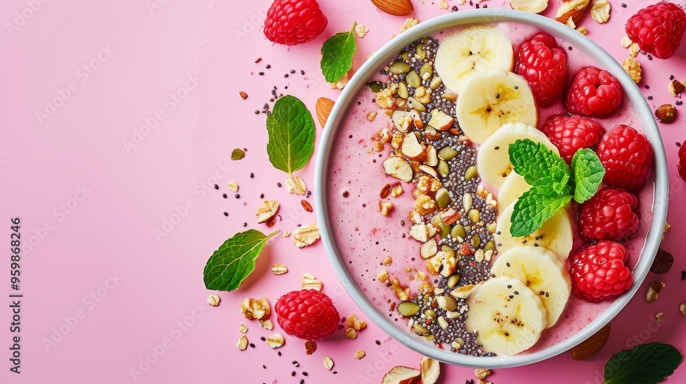 A vibrant smoothie bowl topped with fresh fruits, nuts, and seeds sits on a bright pink background. This colorful and healthy dish is perfect for themes of nutrition, breakfast, and health-conscious A vibrant smoothie bowl topped with fresh fruits, nuts, and seeds sits on a bright pink background. This colorful and healthy dish is perfect for themes of nutrition, breakfast, and health-conscious