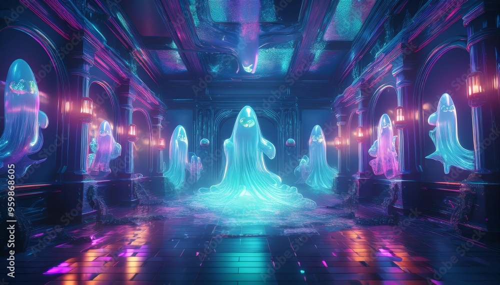 A surreal, vibrant scene features glowing, ghostly figures in a dark, ornate room illuminated by colorful lights. A surreal, vibrant scene features glowing, ghostly figures in a dark, ornate room illuminated by colorful lights.