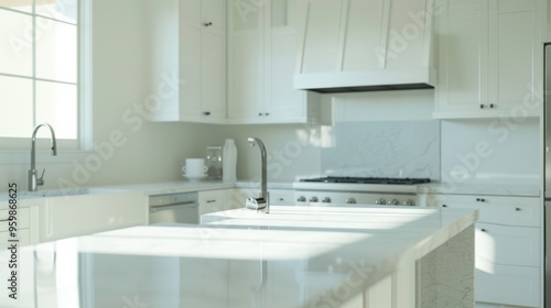 A pristine white kitchen with marble countertops, modern appliances, and abundant natural light shining through large windows, creating an inviting space.