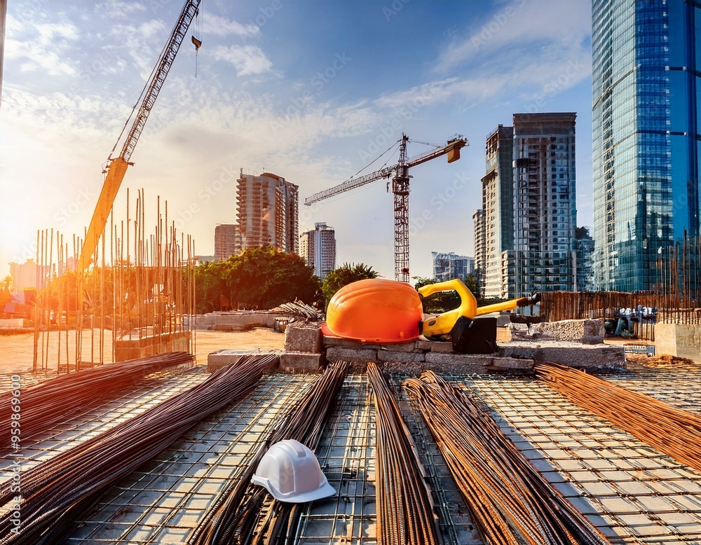 Naklejka premium Construction site in the city. A house, building, or skyscraper is being newly built. Construction tools and helmets are scattered around. Cranes can be seen in the background