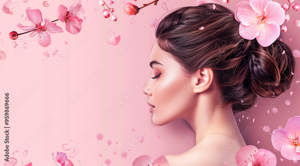 on a pink background, face of a beautiful woman with flower petals, beauty salon, spa, business card layout, banner on a pink background, face of a beautiful woman with flower petals, beauty salon, spa, business card layout, banner