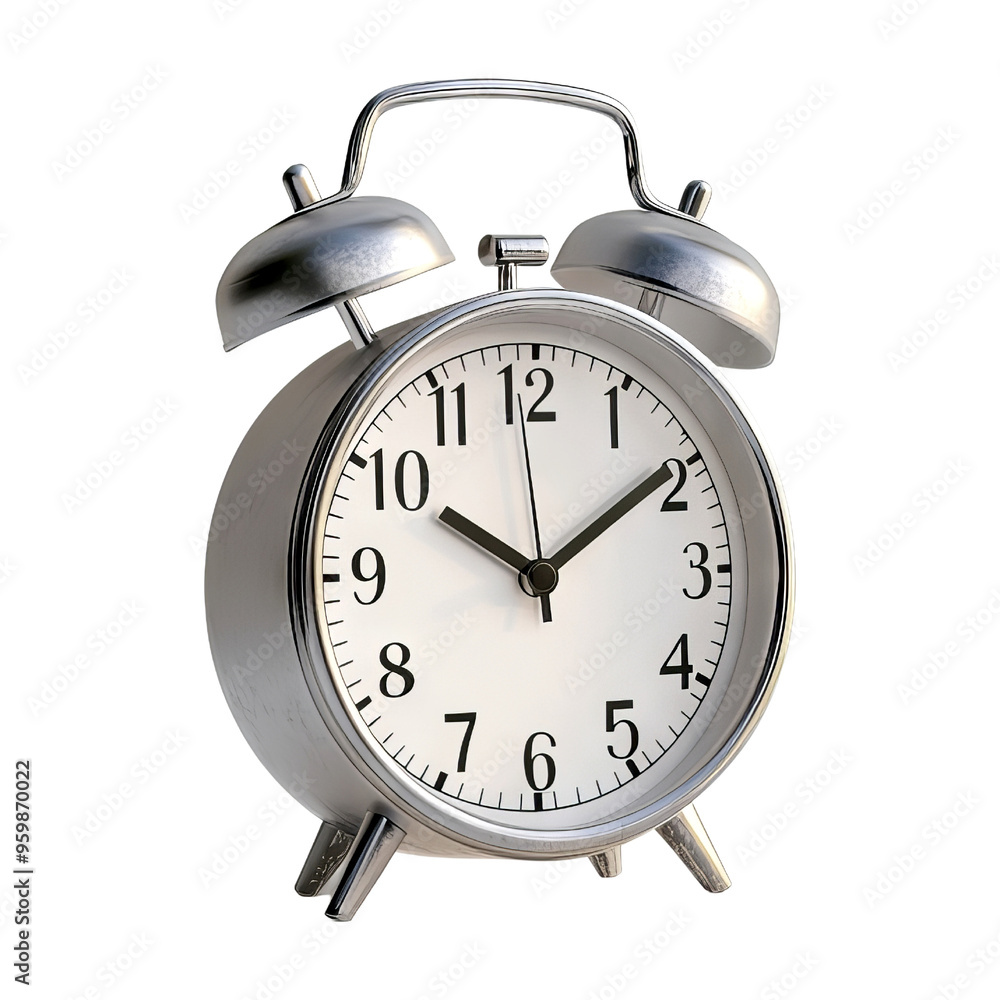 Classic silver alarm clock with a white face and two bells, symbolizing time management and punctuality. Classic silver alarm clock with a white face and two bells, symbolizing time management and punctuality.