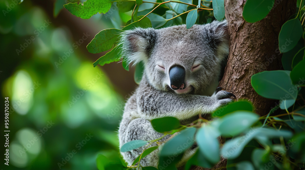 Obraz premium A sleepy koala clinging to a eucalyptus tree, with a peaceful expression and surrounded by lush green leaves