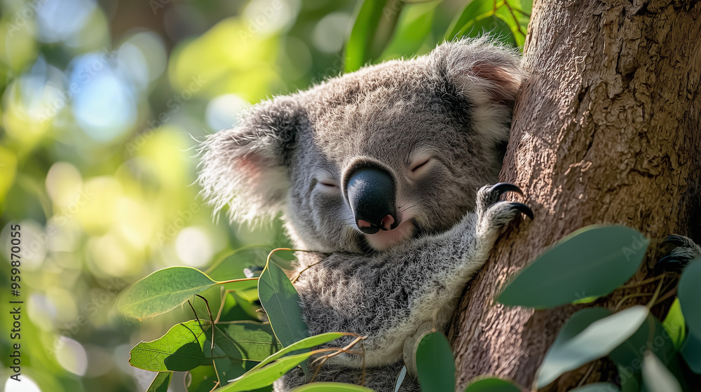 Obraz premium A sleepy koala clinging to a eucalyptus tree, with a peaceful expression and surrounded by lush green leaves