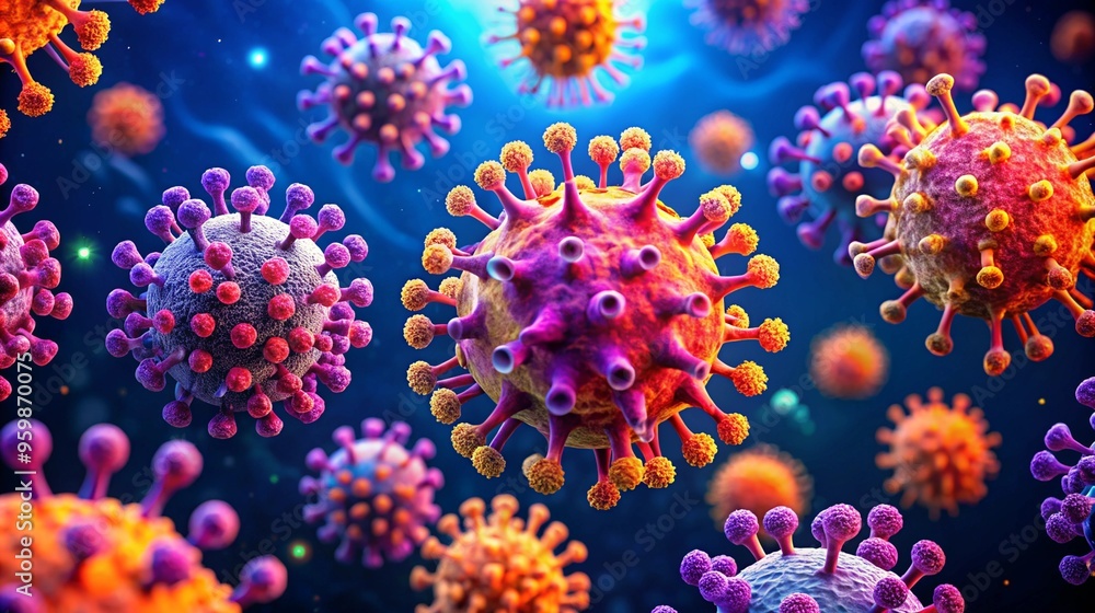 A detailed image showing viruses of different sizes and colors under a microscope The colorful and complex structures of the viruses are highlighted in this vivid representation A detailed image showing viruses of different sizes and colors under a microscope The colorful and complex structures of the viruses are highlighted in this vivid representation