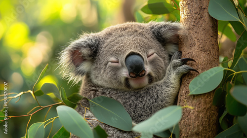 A sleepy koala clinging to ...