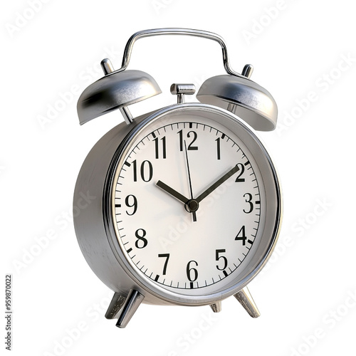 Classic silver alarm clock with a white face and two bells, symbolizing time management and punctuality.