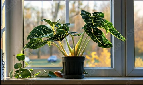 Alokasia plant in a pot on the windowsill photo