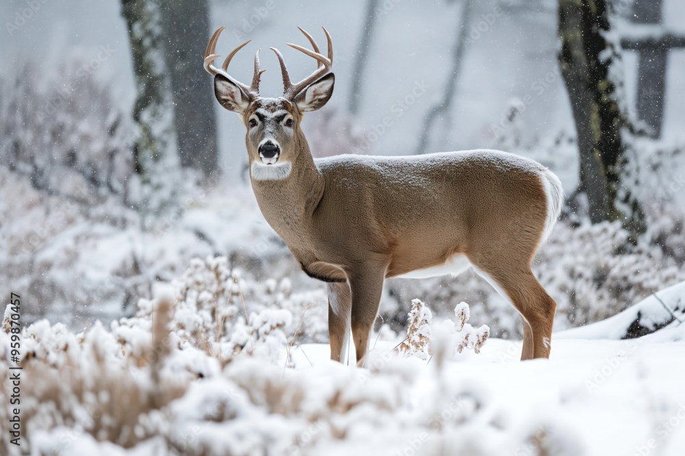 Majestic whitetail deer stands in snow-covered forest landscape. Pristine white coat blends with winter wonderland. Antlers rise above snowfall. Serene wilderness habitat, tranquil forest scene, Majestic whitetail deer stands in snow-covered forest landscape. Pristine white coat blends with winter wonderland. Antlers rise above snowfall. Serene wilderness habitat, tranquil forest scene,