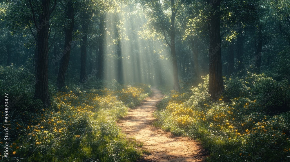 Obraz premium Sunbeams through a Forest Path