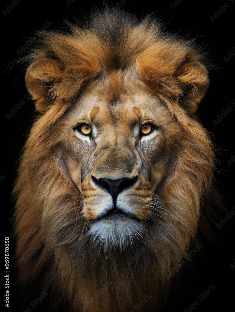 African lion face on black background. Close-up of majestic lion head with distinctive mane and fur. Powerful predator features, strong whiskers, and sharp teeth. African lion face on black background. Close-up of majestic lion head with distinctive mane and fur. Powerful predator features, strong whiskers, and sharp teeth.