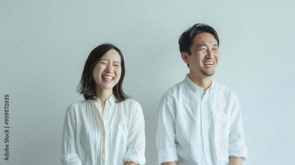 A jubilant couple in white shirts, standing against a plain background, laughing in unison, capturing a spontaneous and joyous moment. A jubilant couple in white shirts, standing against a plain background, laughing in unison, capturing a spontaneous and joyous moment.