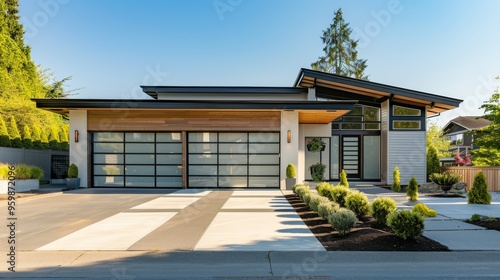 A modern house with a spacious driveway and sleek architectural design stands under a clear sky, surrounded by well-manicured greenery.