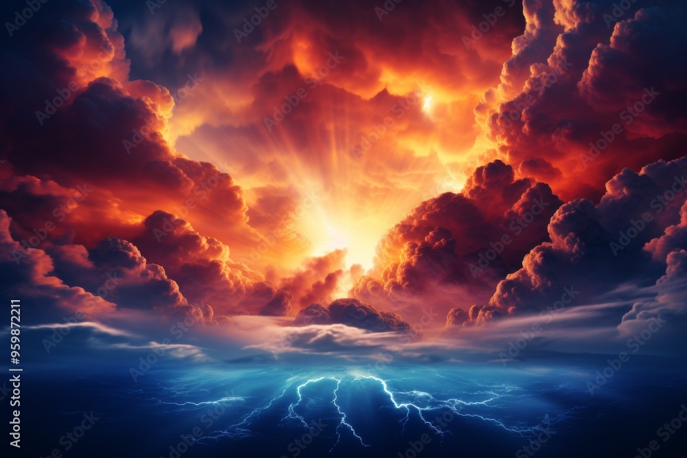 Dramatic sunset over the ocean with thunderstorm clouds and shimmering lightning strikes Dramatic sunset over the ocean with thunderstorm clouds and shimmering lightning strikes