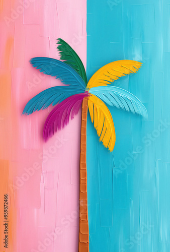 Pop art palm tree with colorful leaves and textured background split between pink and blue tones. photo